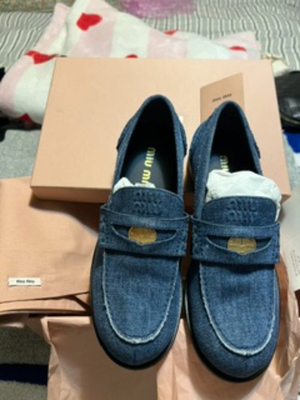 NWT Miu Miu Denim Coin Penny Loafers Pristine inc. Box, Dustbag Size 38 (7 1/2)